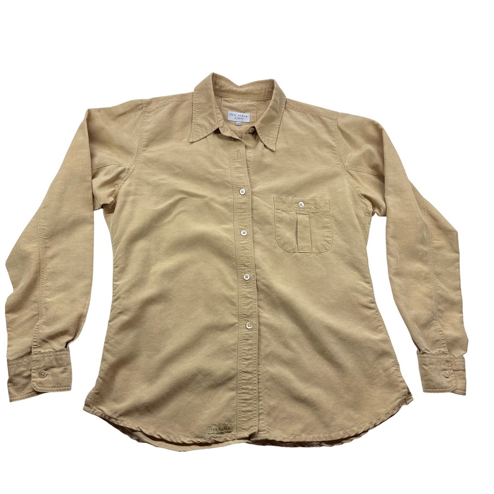 Ted Baker Woman Tan Corduroy Button Down Shirt Long Sleeve Size 4 Tan Utility